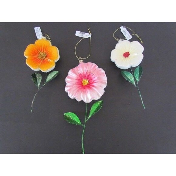 West Elm Glass Flower Ornaments Set 3 White Orange Pink Large NEW - Picture 6 of 11